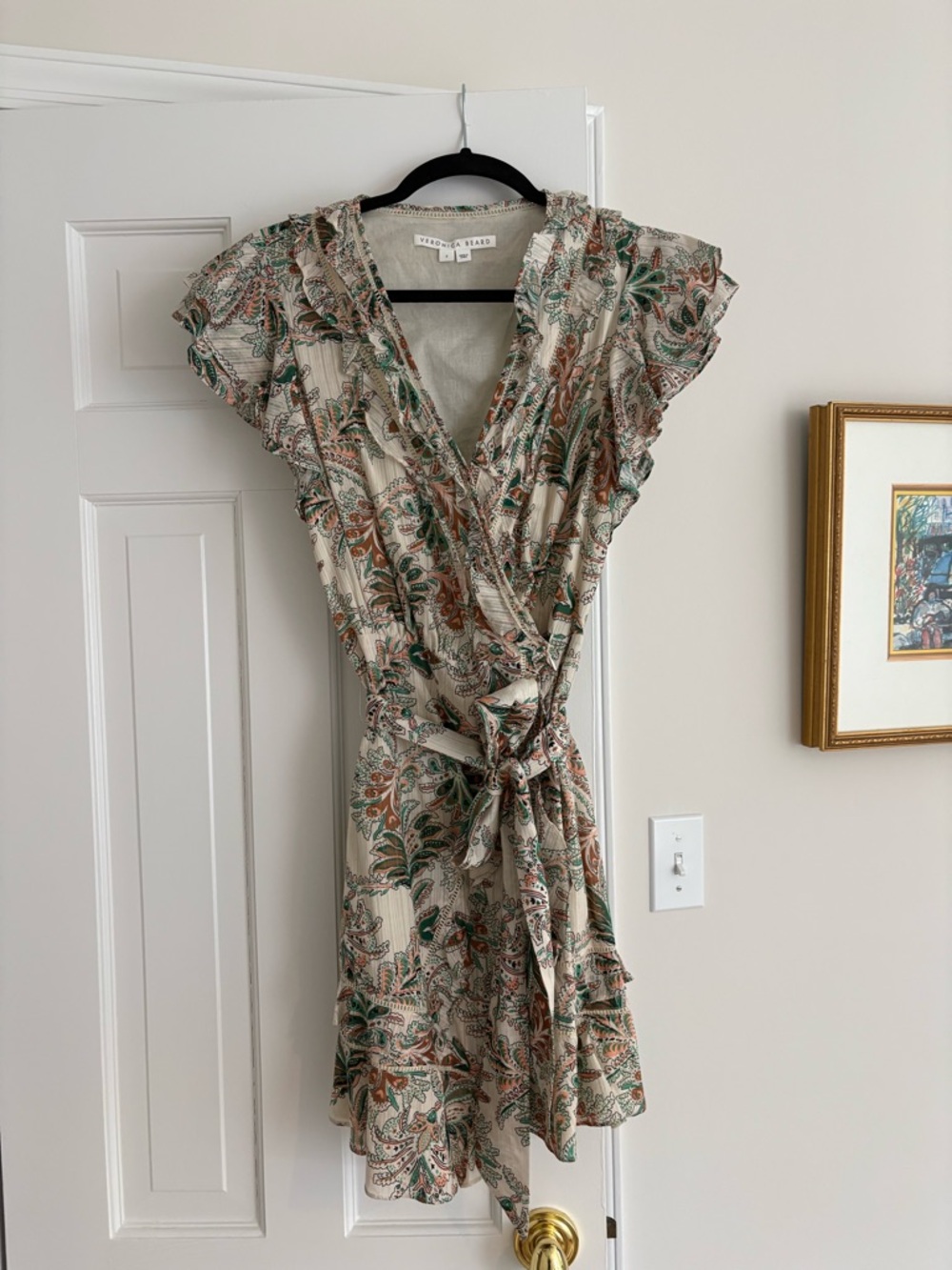 Veronica Beard Cream Paisley Wrap Mini Dress with Green & Brown Accents
